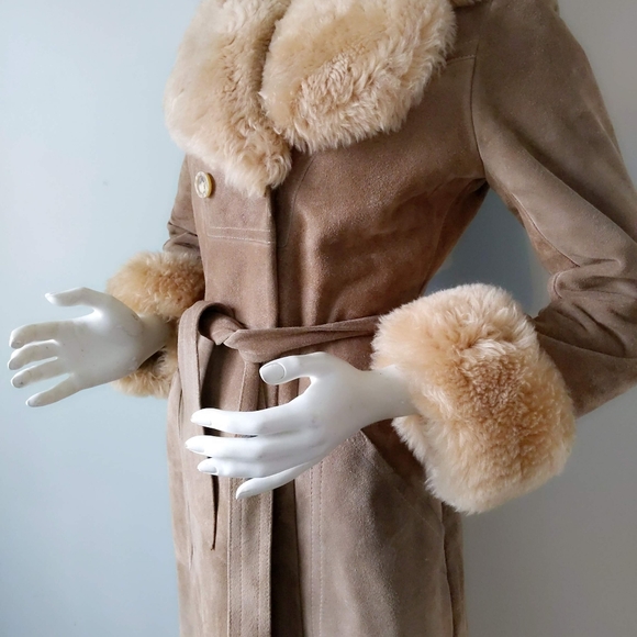 Vtg 70s Almost Famous Shearling Collar Cuffs Suede Maxi Wrap Trench Coat XS S - Picture 4 of 7